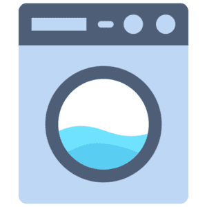 Illustration of a front-loading washing machine with a blue and gray color scheme. The circular door is half-filled with water, symbolizing a wash cycle in progress.