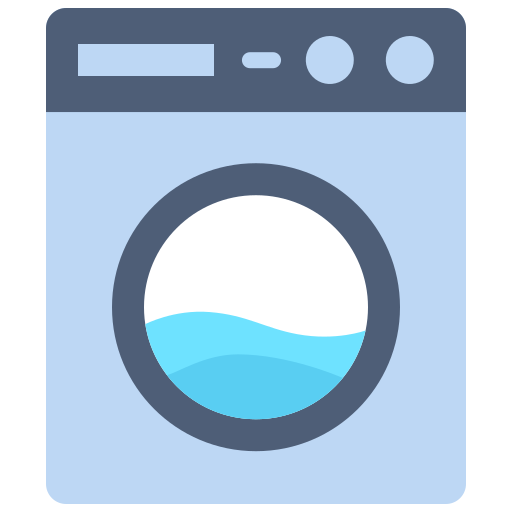 Illustration of a front-loading washing machine with a blue and gray color scheme. The circular door is half-filled with water, symbolizing a wash cycle in progress.