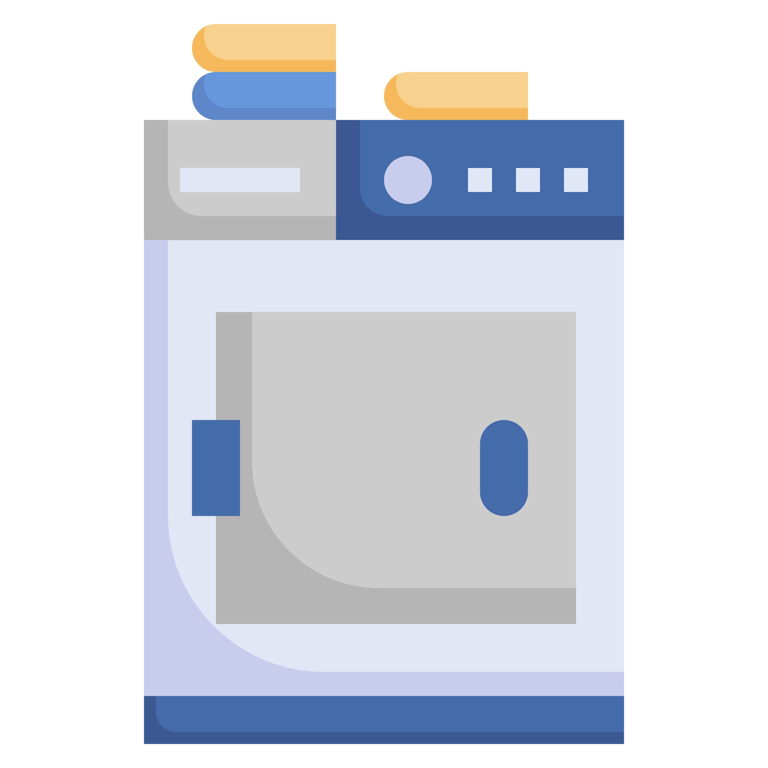 Illustration of a front-loading washing machine in blue and gray tones. The machine features a circular door with a handle, control panel on the top right, and folded laundry on top.