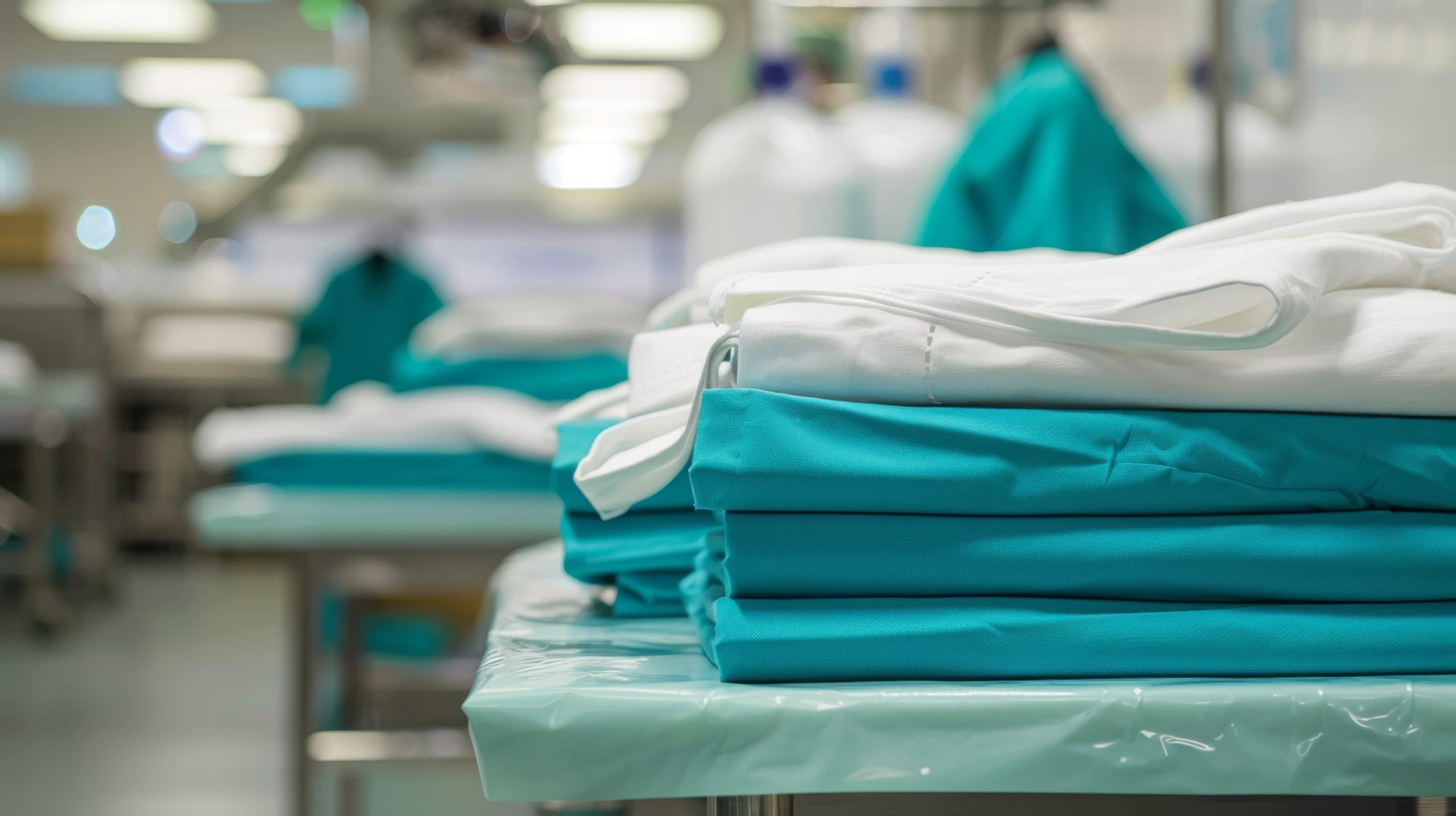 Stacks of folded teal and white medical scrubs sit neatly on a table in a bright, sterile hospital laundry room. The background is slightly blurred, revealing additional stacks and industrial equipment.