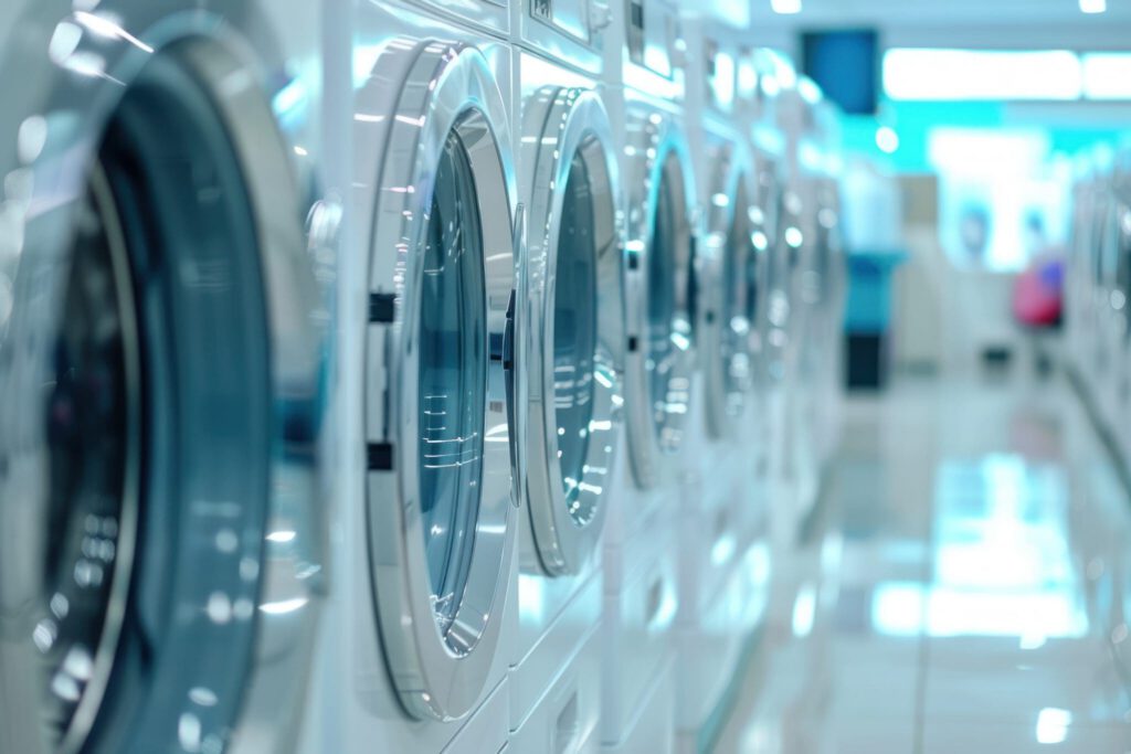 A row of front-loading washing machines in a brightly lit laundromat, with shiny chrome doors and tiled floors reflecting the light.