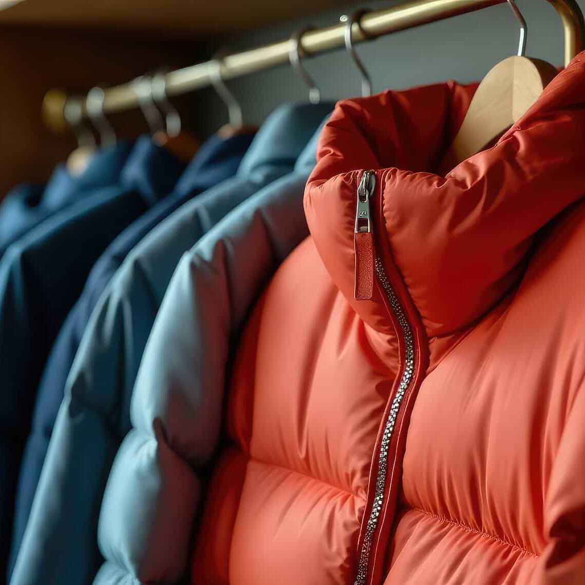 Close-up of several puffer jackets hanging on a clothing rack, featuring a prominent orange jacket in front, followed by blue and dark blue jackets in the background.